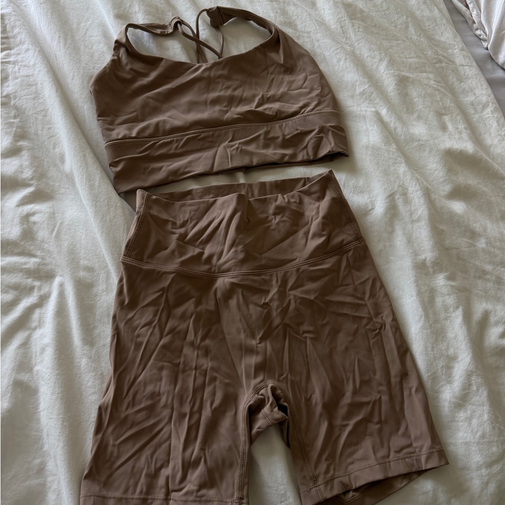 Adanola Brown Seamless Sports Bra & High-Waist Bike Shorts Set